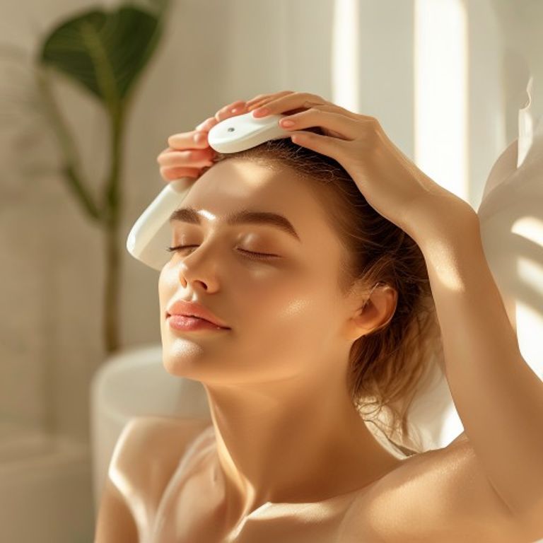 A woman relaxing with the Reverie scalp massager